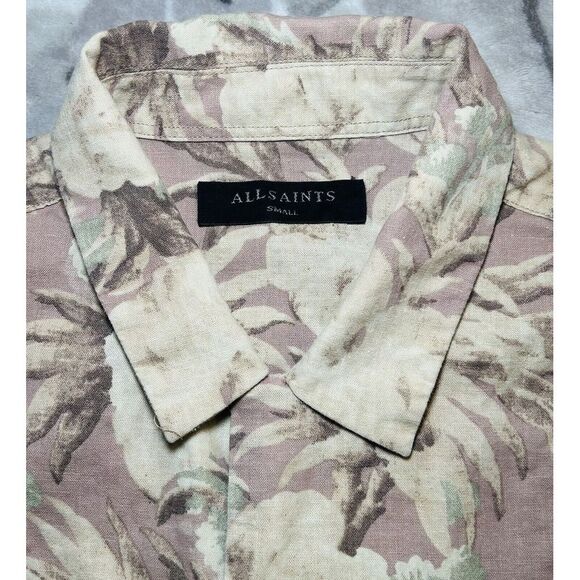 AllSaints Men's Small Short Sleeve Floral Linen Blend Button Up Laysan Shirt - Picture 6 of 11